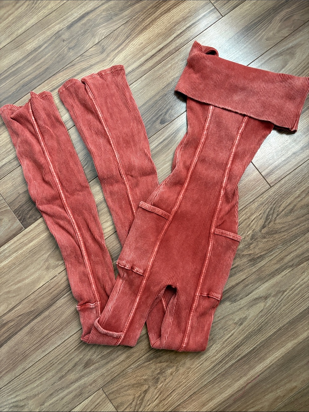 Ribbed Fold-Over Waist Rust Orange Jumpsuit